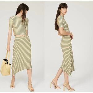 Club Monaco Striped Ribbed Skirt Green Tan Cream Asymmetrical A Line Midi Sze XL